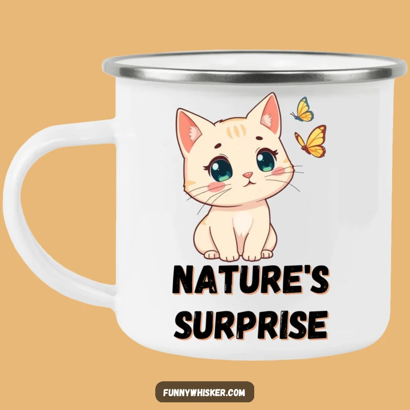 Funny Windswept Cat Camping Mug: Surprise Butterfly Adventure - Hilarious Gift!