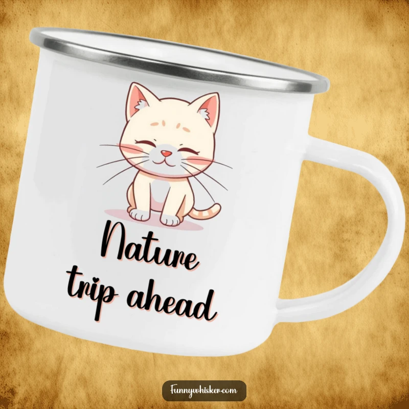 Funny camping mug featuring a cat character with comically long whiskers tripping over its own feet, ready for your favorite beverage outdoors.