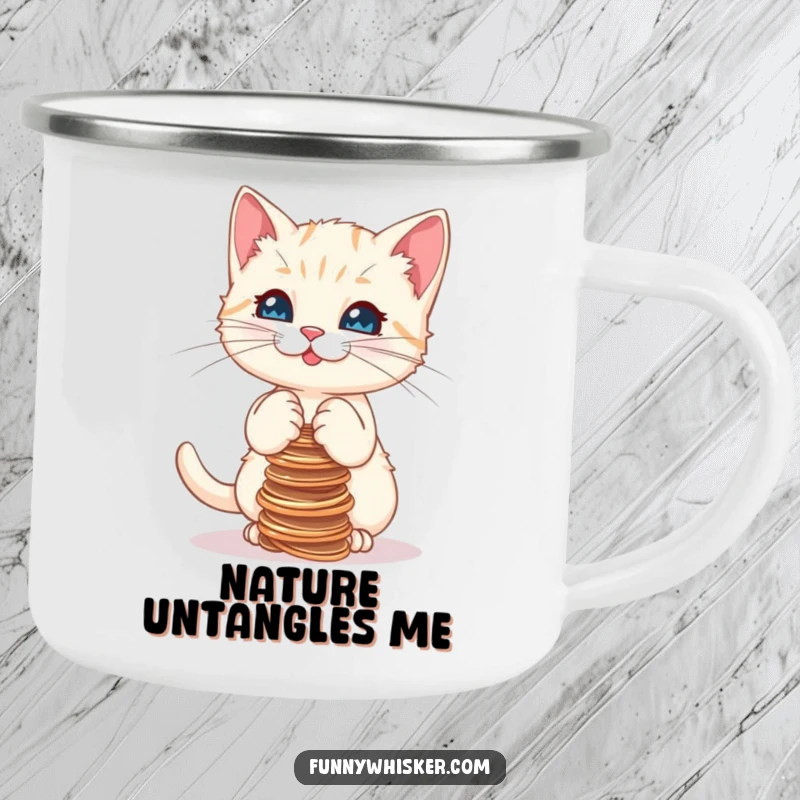Funny camping mug with a kitten focused on balancing a stack of strings, built for durability and a good laugh outdoors.