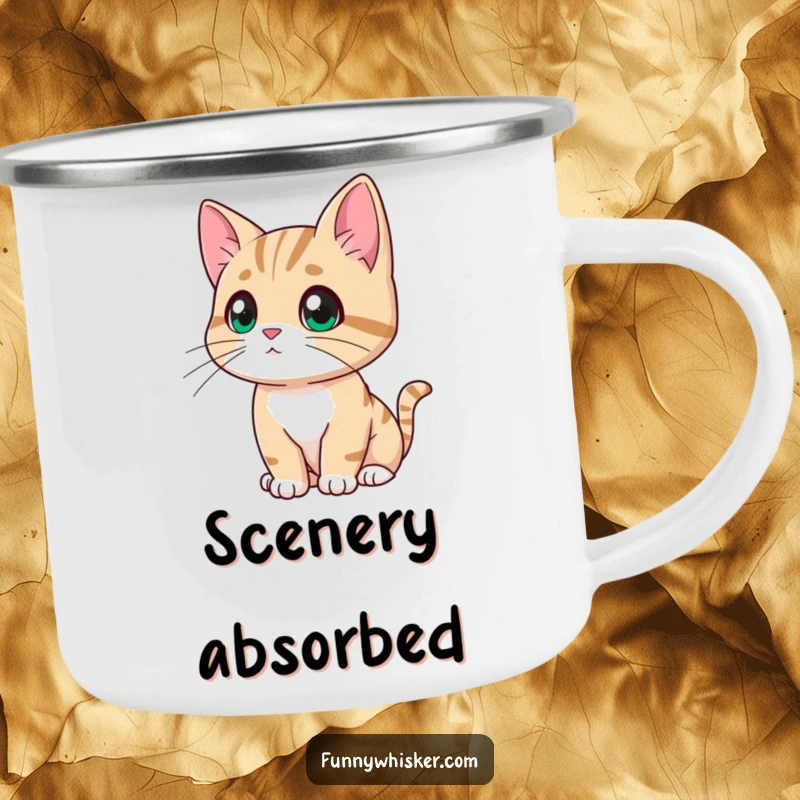 Funny cat camping mug showing a character looking thoughtfully into the distance, whiskers drooping slightly, perfect for quiet outdoor contemplation.