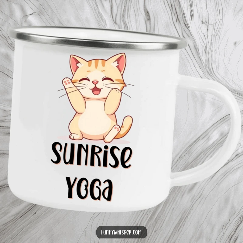 Funny camping mug of a cat stretching with long whiskers, perfect for outdoor adventures and cat lovers.