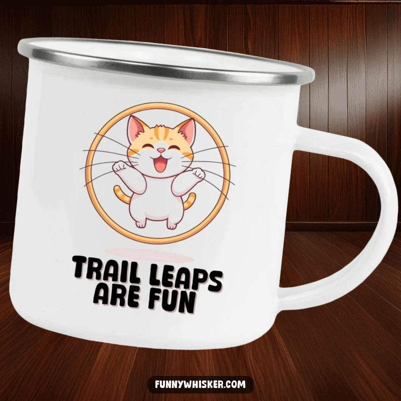 Funny cat leaping through a whisker hoop on a camping mug, symbolizing outdoor fun, a great funny gift.