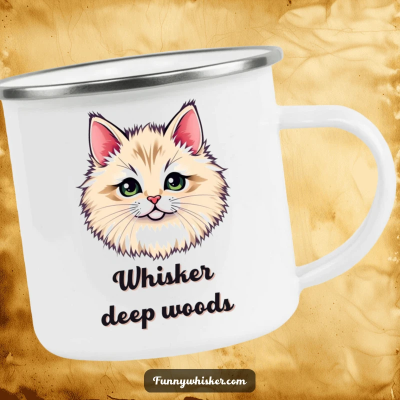 Funny camping mug: A tiny cat face peeking through a large, fluffy whisker tuft, perfect for a humorous and cute outdoor experience, a funny gift.