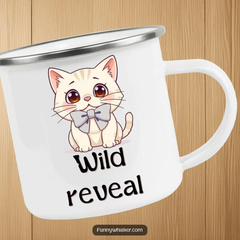 Funny camping mug of a cat with a large bow on its whiskers, looking surprised, for outdoor fun.