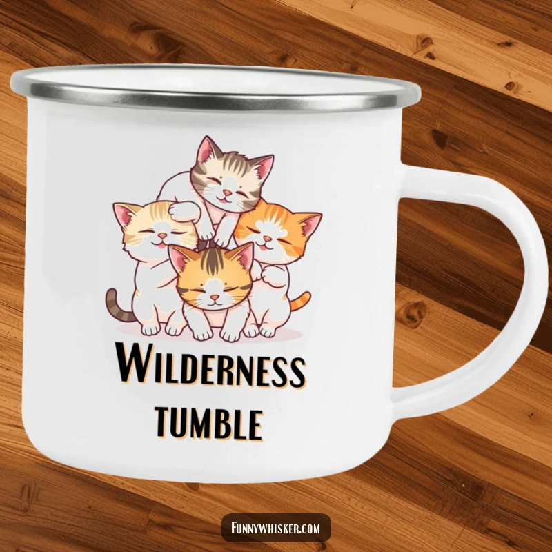 Funny enamel camping mug with three cats tumbling in a whisker tangle, ideal for outdoor use.