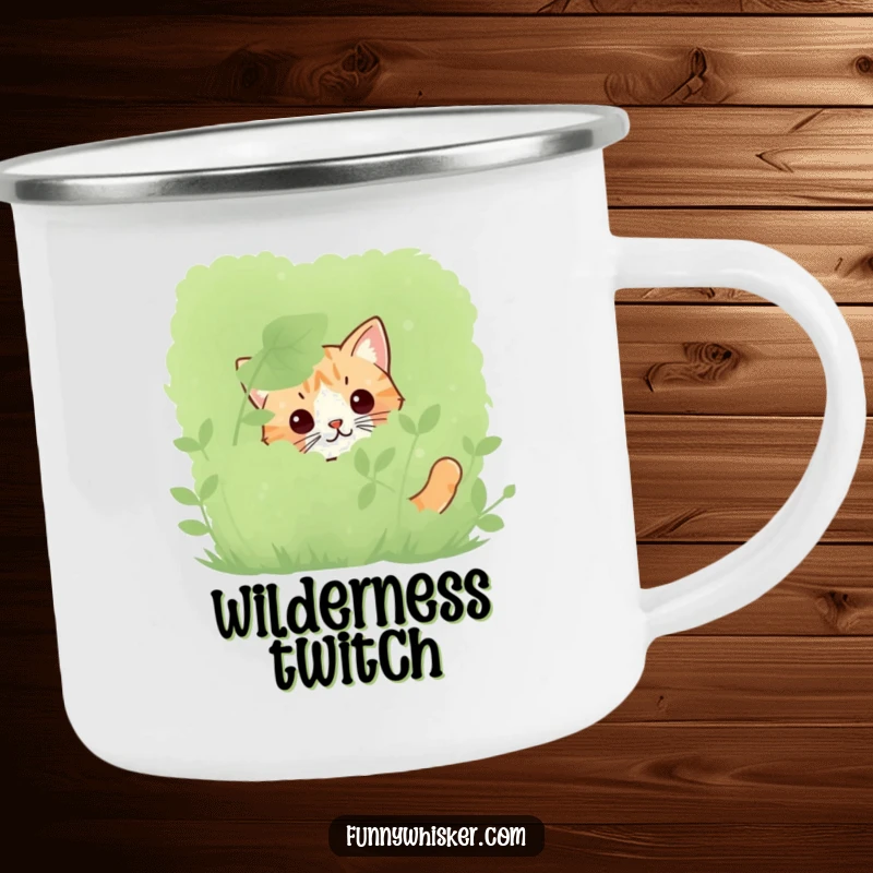 Funny cat camping mug with only twitching whiskers peeking from behind a bush, perfect for enjoying drinks outdoors with intrigue.