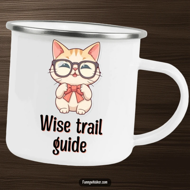 Funny enamel camping mug with a cat in large glasses trying to tie a bow tie with its whiskers.