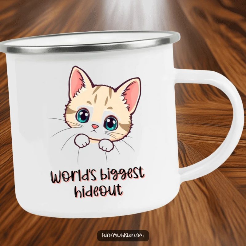 Funny camping mug showing a tiny cat peeking curiously from behind a huge whisker, perfect for outdoor enthusiasts with a sense of humor.