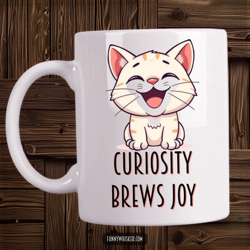 Funny mug showing a cat with a wide, excited grin and twitching whiskers, exuding pure curiosity and joyful anticipation for cat fans.