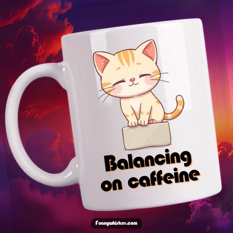 Funny Mug showing a cat character balancing expertly on a tiny ledge, using its whiskers for stability.
