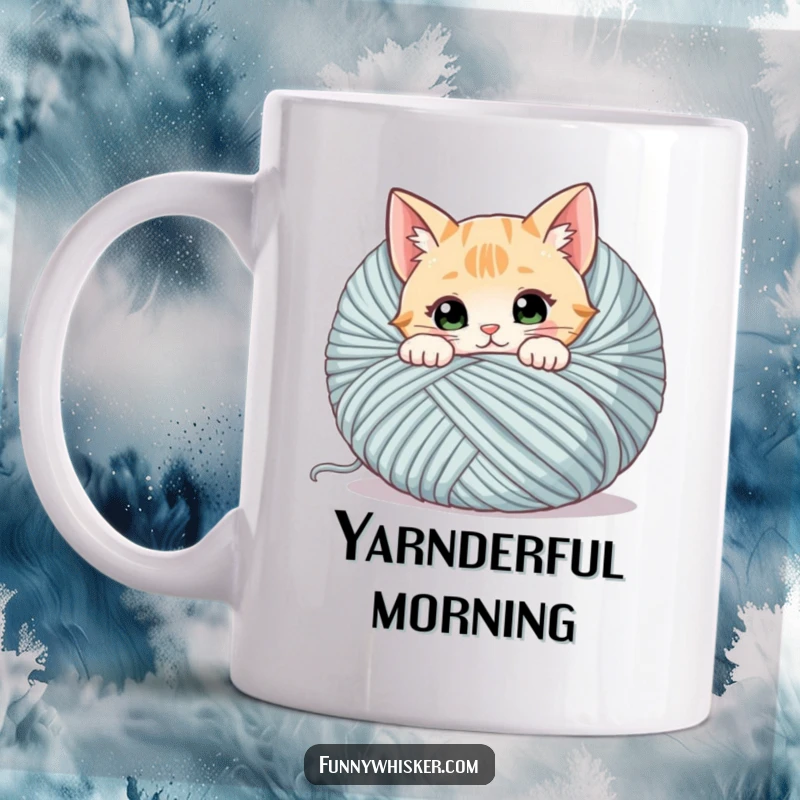 Funny cat mug showing a curious cat character with twitching whiskers peeking from behind a giant ball of yarn, full of intrigue.