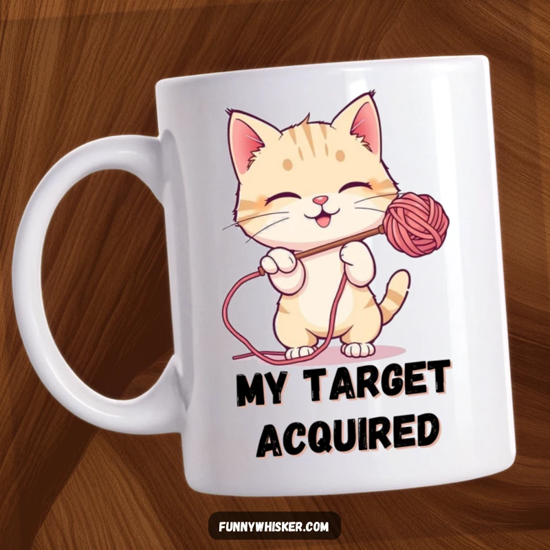 Funny Mug: A cat character playfully batting at a floating, fuzzy ball of yarn with focused delight.