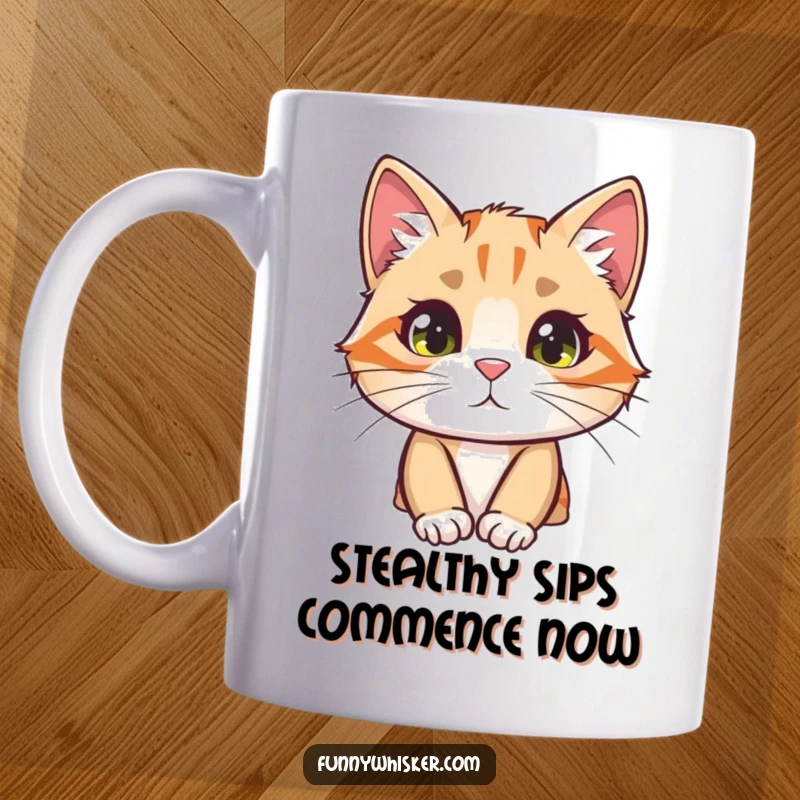 Funny cat mug with a curious character peeking from behind a large, fuzzy whisker, showing playful mischief.