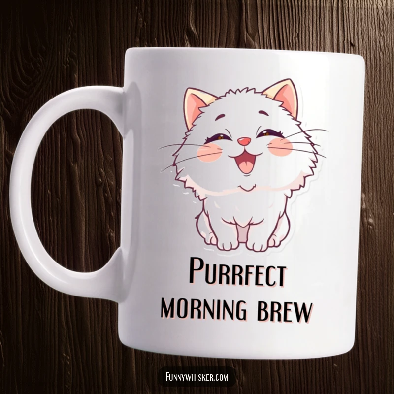 Funny mug showing a fluffy cat with comically oversized whiskers wiggling with extreme delight and joy.