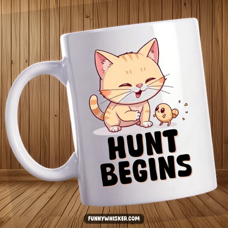 Funny mug featuring a cat character with exaggerated, wiggling whiskers, intently trying to catch a tiny animated dust bunny.
