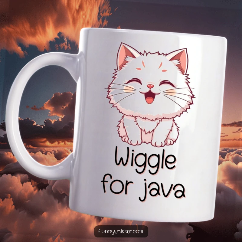 Funny Cat Mug depicting a fluffy cat with exaggerated, wiggling whiskers showing extreme excitement, capturing pure joy, ideal gift.