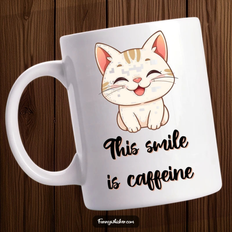 Funny mug, a cat character with whiskers curled into a cheerful grin, radiating happiness and playful amusement.