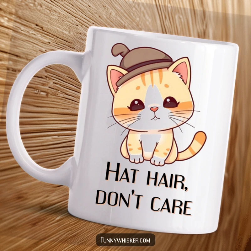 Funny cat mug featuring a character in a tiny, silly hat, whiskers twitching, causing the hat to tilt hilariously.