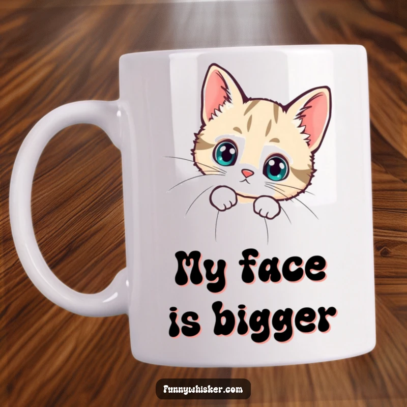 Funny mug featuring a tiny, wide-eyed cat peeking from behind an enormous whisker, showcasing adorable curiosity and playful humor.