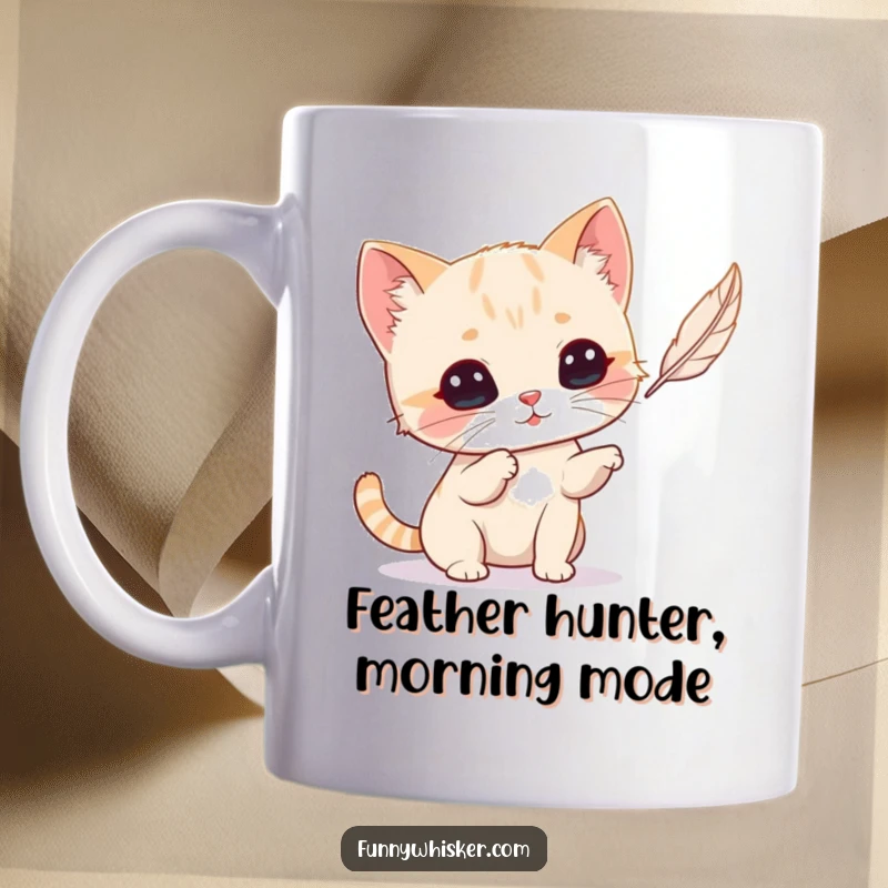 Funny Cat Mug: Tiny feline with big whiskers playfully swats at a floating feather, bringing joy and laughter.