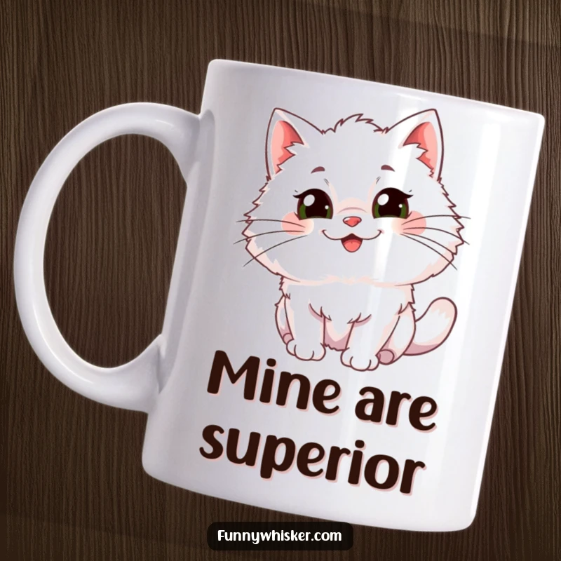 Funny Mug: Fluffy cat character with comically oversized whiskers wiggling with pure glee and happiness.