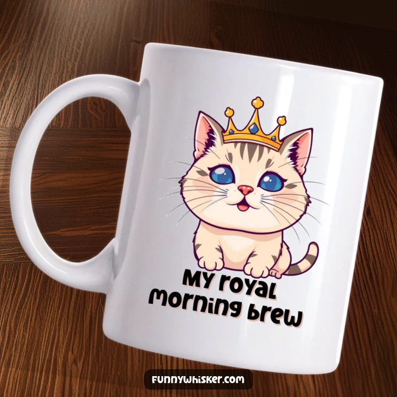 Funny mug showcasing a cat king with a giant whisker crown, looking both regal and utterly goofy, perfect for a laugh.