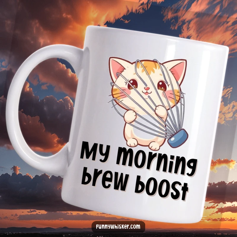 Funny cat mug showing a small cat hiding behind a huge, wobbly whisk, adding a touch of kitchen chaos and humor.