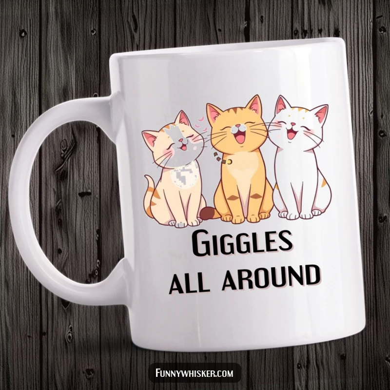 Funny mug with multiple cats of varying whisker lengths sharing a giggle, emphasizing camaraderie and humor. A great funny gift.