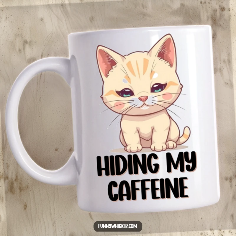 Funny Cat Mug: A shy cat peeks out, trying to hide behind its own single, comically large whisker.