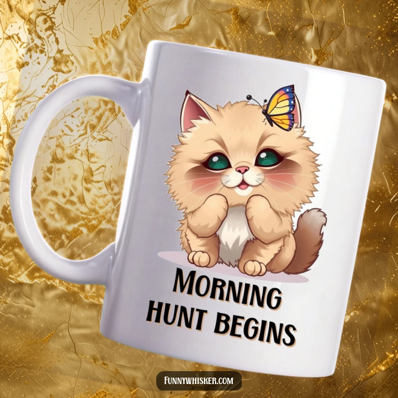 Funny Cat Mug with oversized whiskers playfully batting at a dancing butterfly, capturing a moment of pure fun.