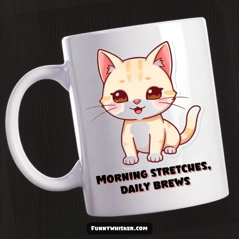 Funny mug depicting a cat character stretching its body and playfully extending its long whiskers outward, showing relaxation.