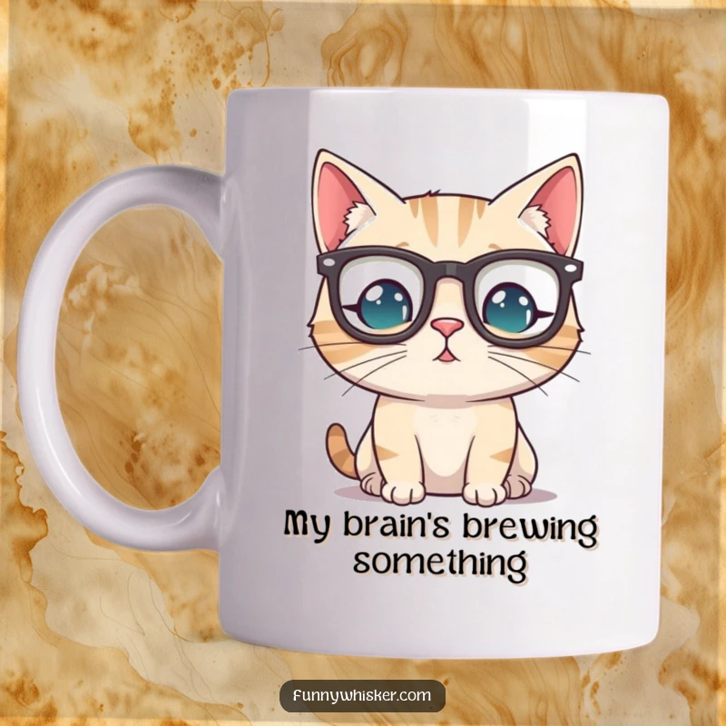 Funny cat wearing tiny spectacles perched precariously on its whiskers, looking smart and surprised on a coffee mug.