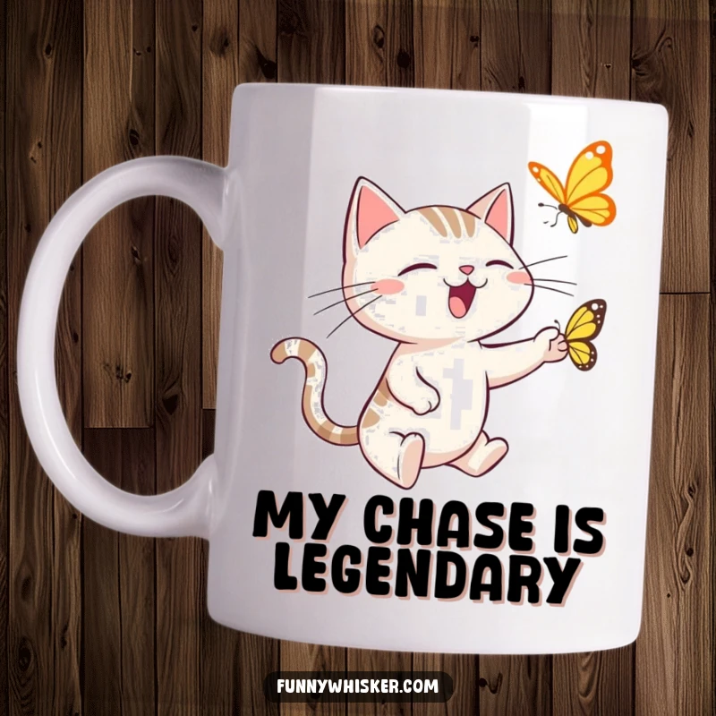 Funny cat mug featuring a wild, spiky-whiskered feline joyfully leaping after a delicate butterfly, capturing a moment of pure, unadulterated fun.
