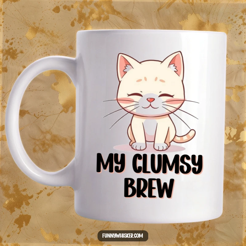 Funny mug showing a cat character with comically long whiskers tripping over its own feet, embodying adorable clumsiness and feline mishap.