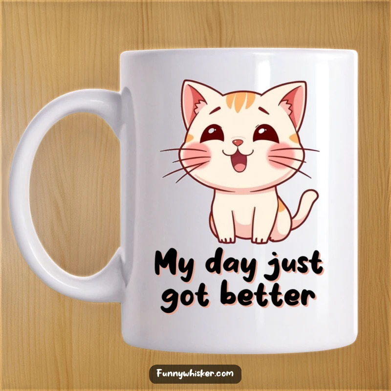 Funny mug depicting a small cat character wiggling its long whiskers with pure, unadulterated excitement and joy.