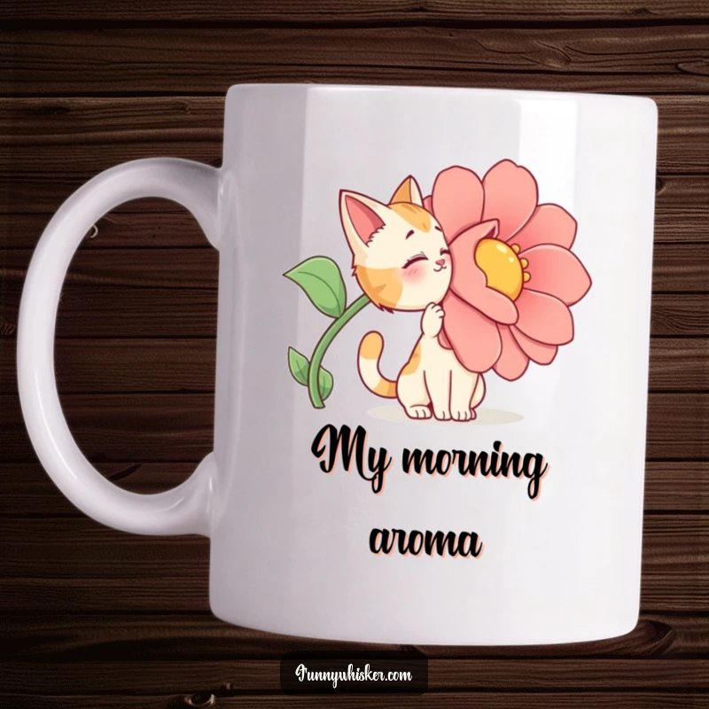 Funny Mug: A cat character dramatically sniffing a huge, cartoonish flower with exaggerated enjoyment.