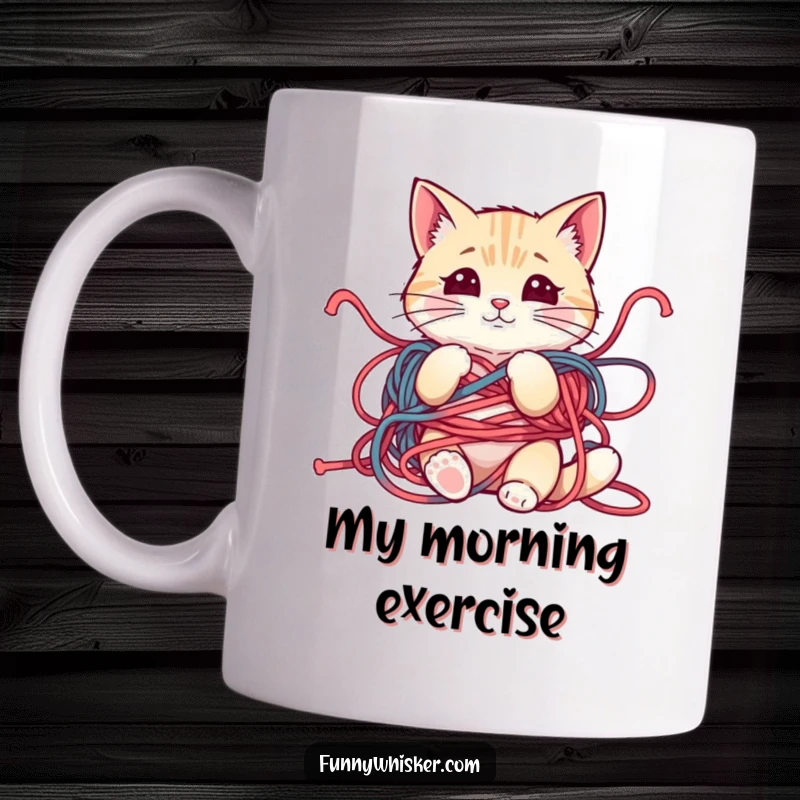 Funny mug featuring a cat character hilariously tangled in yarn, whiskers askew, with an innocently mischievous look, perfect for cat lovers.