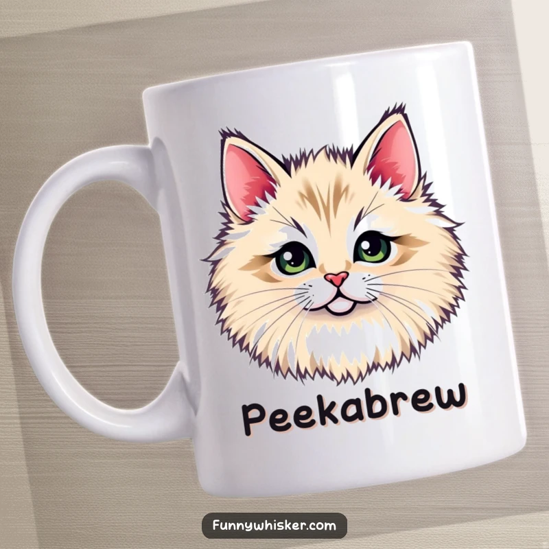 Funny mug: A tiny cat face playfully peeking out from behind a large, fluffy set of whiskers, cute and humorous.