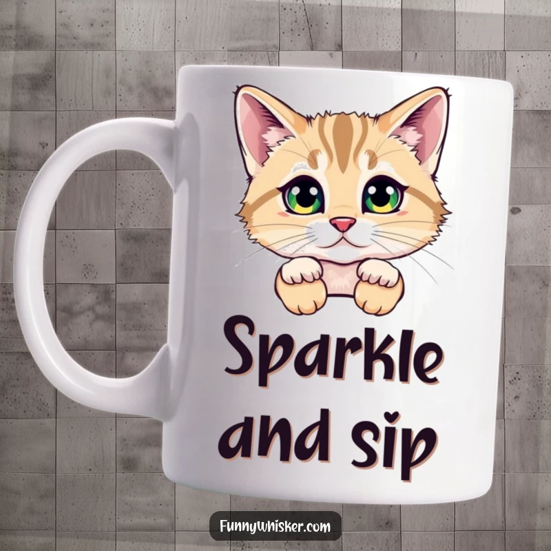 Funny mug showing a cat peeking out from behind enormous, fluffy whiskers, with sparkling eyes, creating a sense of playful concealment.