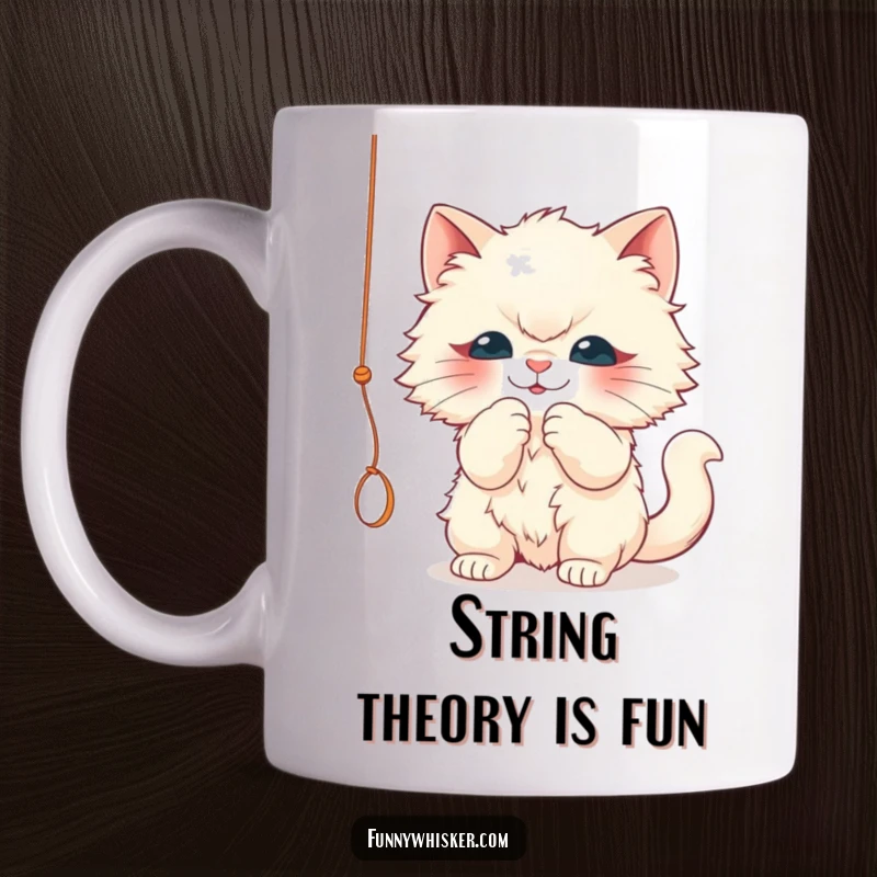 Funny mug with a fluffy cat character playfully batting at a dangling string, showcasing feline mischief. An ideal funny gift.