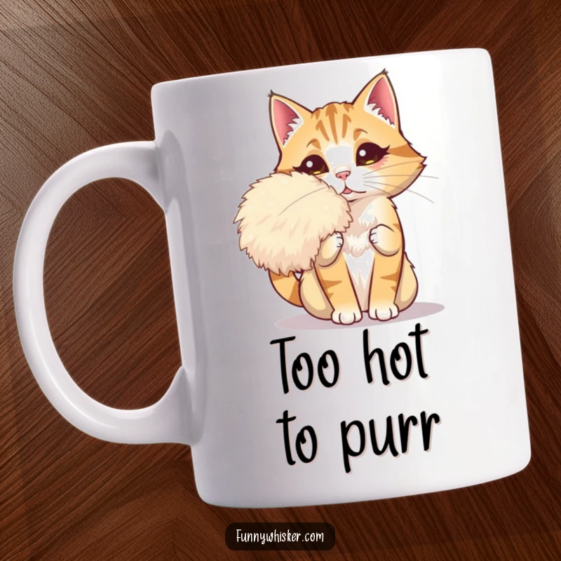 Funny dramatic cat fanning itself with a giant whisker mug, capturing feline extravagance and humor, perfect for gift-givers.