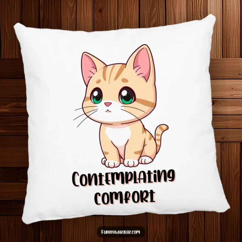 Funny cat pillow depicting a character looking thoughtfully into the distance, whiskers drooping slightly, offering soft, humorous comfort.
