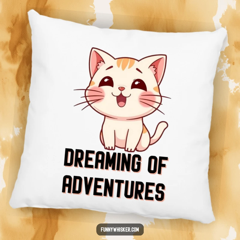 Funny pillow featuring a small cat character wiggling its long whiskers in joyful excitement, perfect for cozy cat lovers.