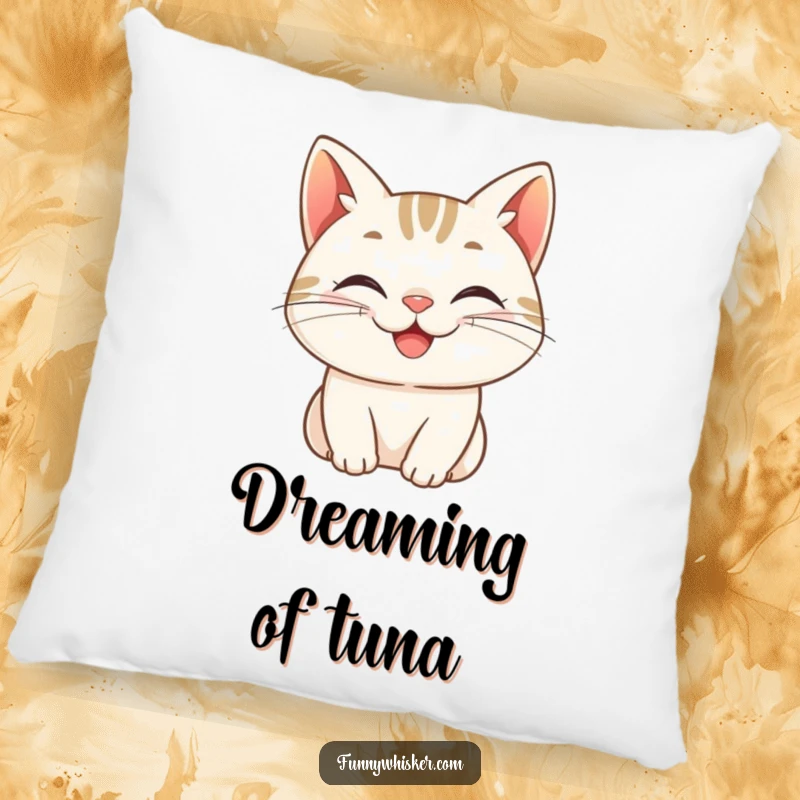 Funny pillow, a cat character with whiskers curled into a cheerful grin, offering cozy comfort and a symbol of pure, unadulterated happiness.
