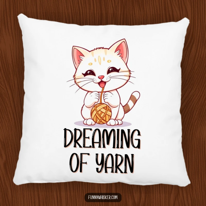 Funny pillow showing a kitten with large whiskers playing with a yarn ball, perfect for soft, cozy decor.