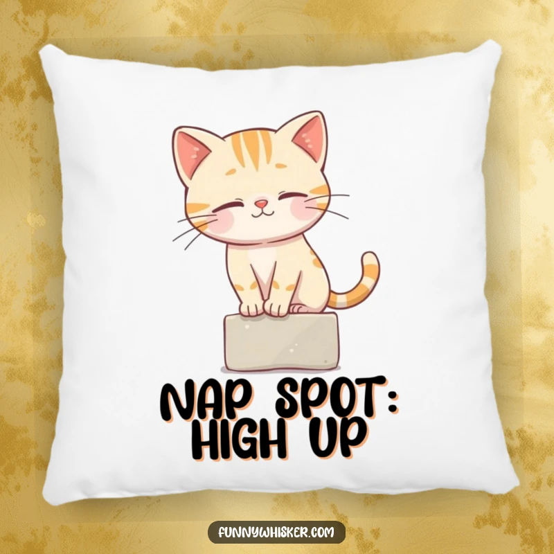 Funny Pillow showcasing a cat character balancing perfectly on a narrow ledge, its whiskers providing crucial stability.