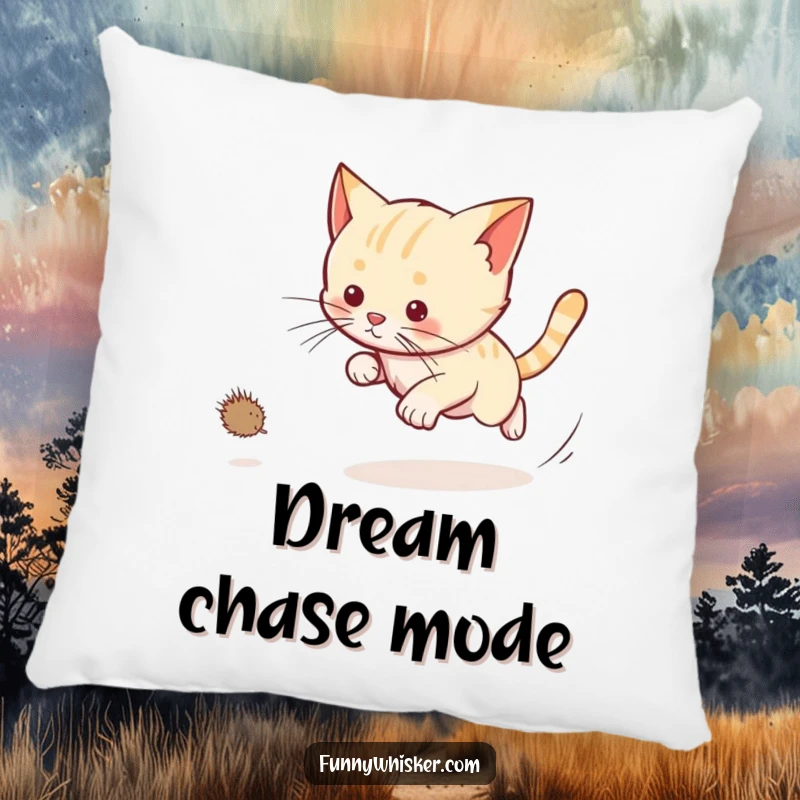 Funny cat pillow with a cat chasing a dust bunny, long whiskers trailing, providing cozy comfort and pet humor.
