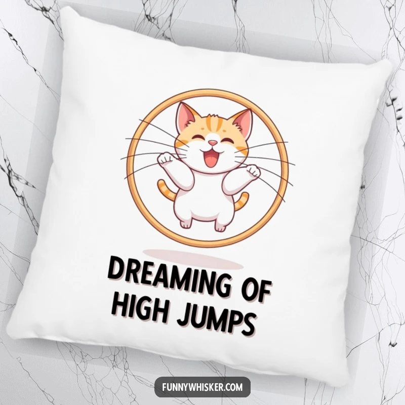 Funny cat mid-leap through a whisker hoop on a soft pillow, symbolizing fun and agility, a delightful funny gift.