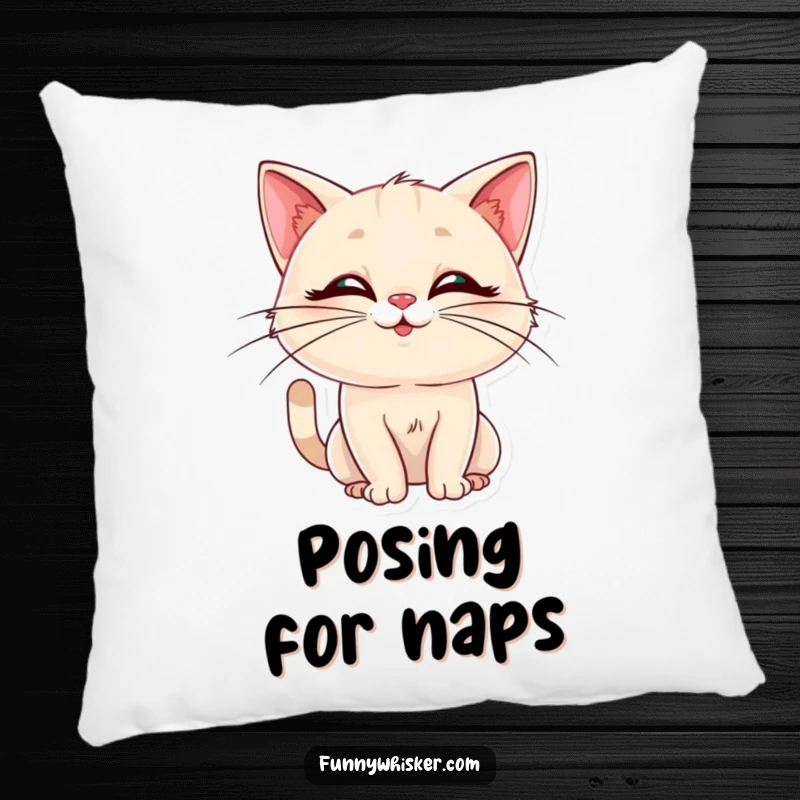 Funny decorative pillow featuring a cat with elegant whiskers in a silly pose. Soft and humorous, an ideal funny gift.