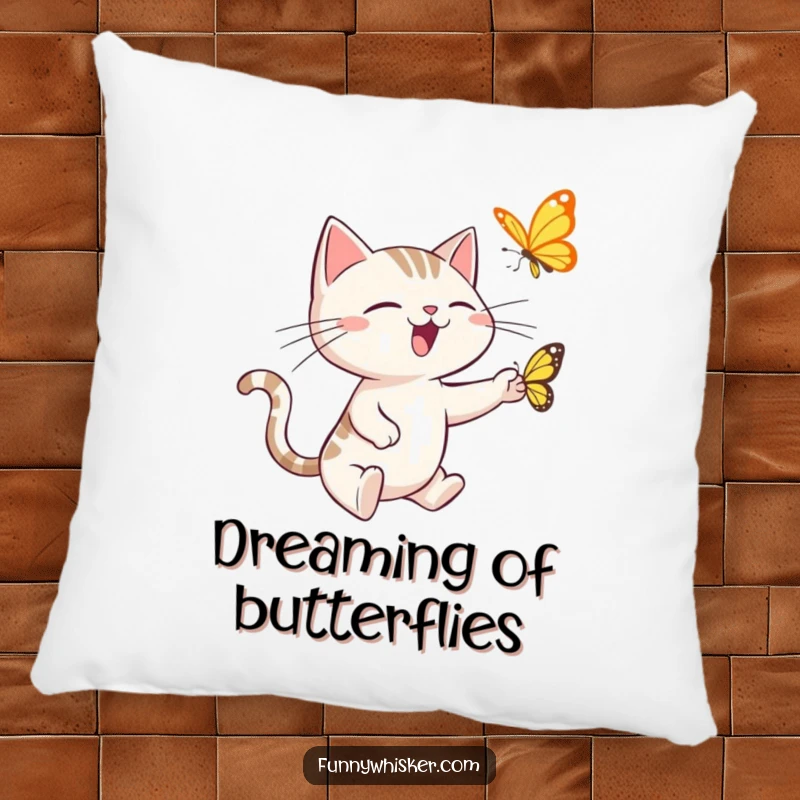 Funny pillow with a plush design of a spiky-whiskered cat hilariously attempting to catch a butterfly, adding humor to any room.